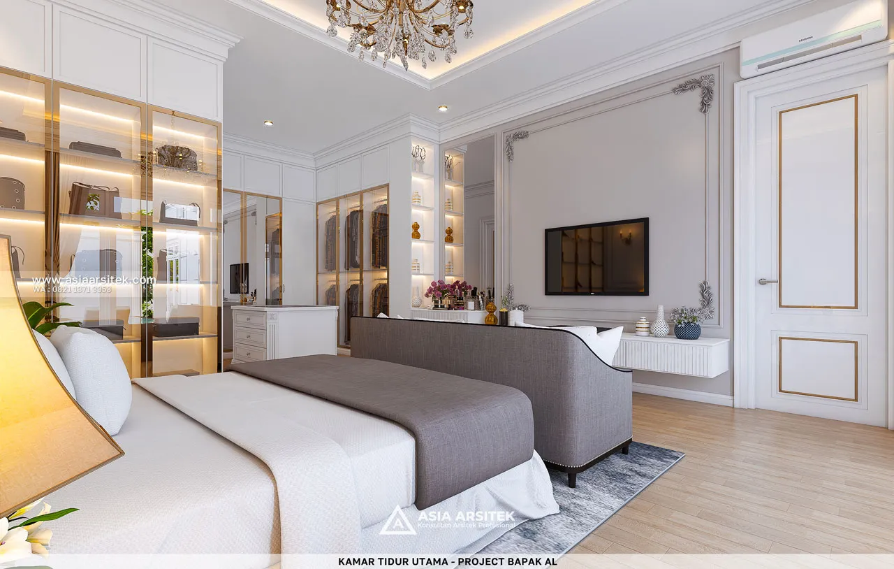 Desain Kamar Tidur Utama Dengan TV Rumah Klasik 2 Lantai Bapak AL di Bintaro Tangerang Selatan