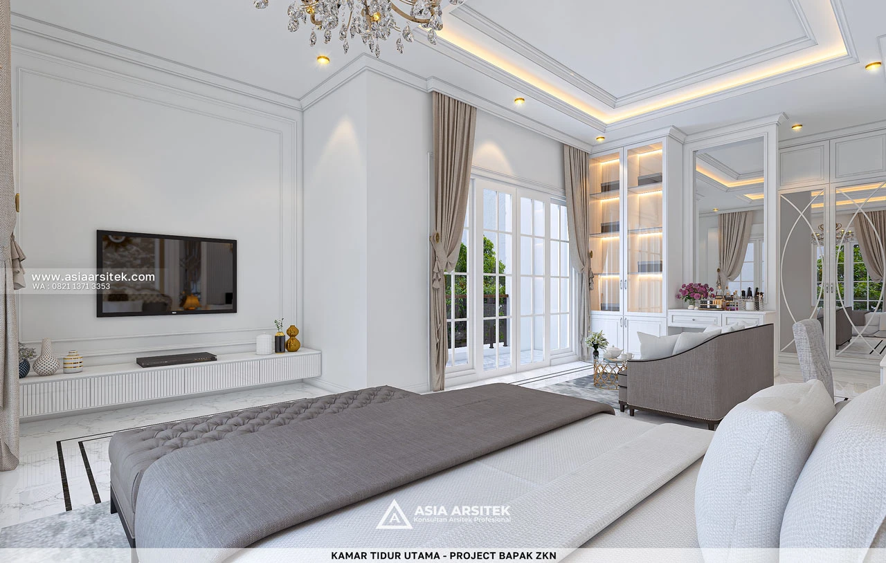 Desain Kamar Tidur Utama Dengan TV Rumah Klasik 3 Lantai Bapak ZKN di Cikupa Tangerang