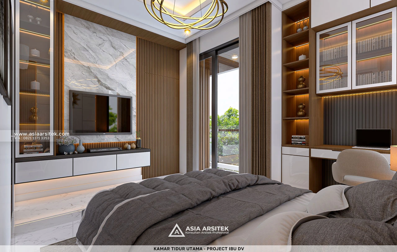 Desain Kamar Tidur Utama Dengan TV Rumah Minimalis 2 Lantai Ibu DV Duren Sawit Jakarta Timur