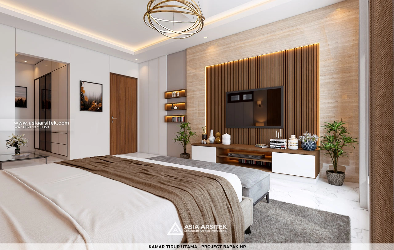 Desain Kamar Tidur Utama Dengan TV Rumah Tropis 1 Lantai Bapak HR Duren Sawit Jakarta Timur
