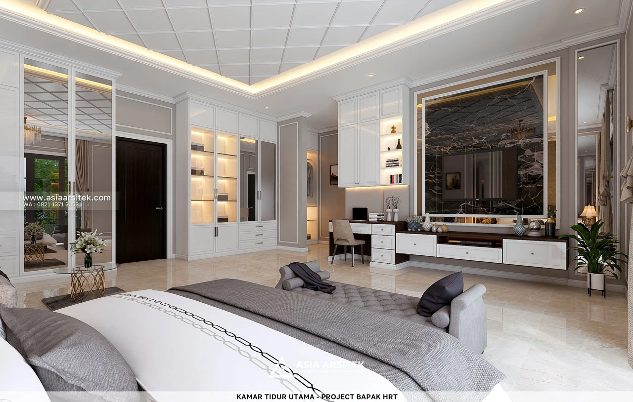 Desain Kamar Tidur Utama Dengan TV Rumah Tropis 2 Lantai Bapak HRT Bogor Jawa Barat