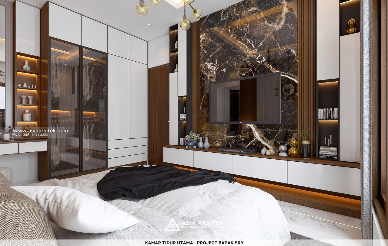 Desain Kamar Tidur Utama Dengan TV Rumah Tropis 2 Lantai Bapak SRY di Banjarmasin Kalimantan Selatan