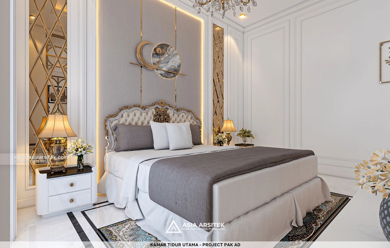 Desain Kamar Tidur Utama Mewah Rumah Klasik 2 Lantai Bapak AD di Kebon Jeruk Jakarta Barat
