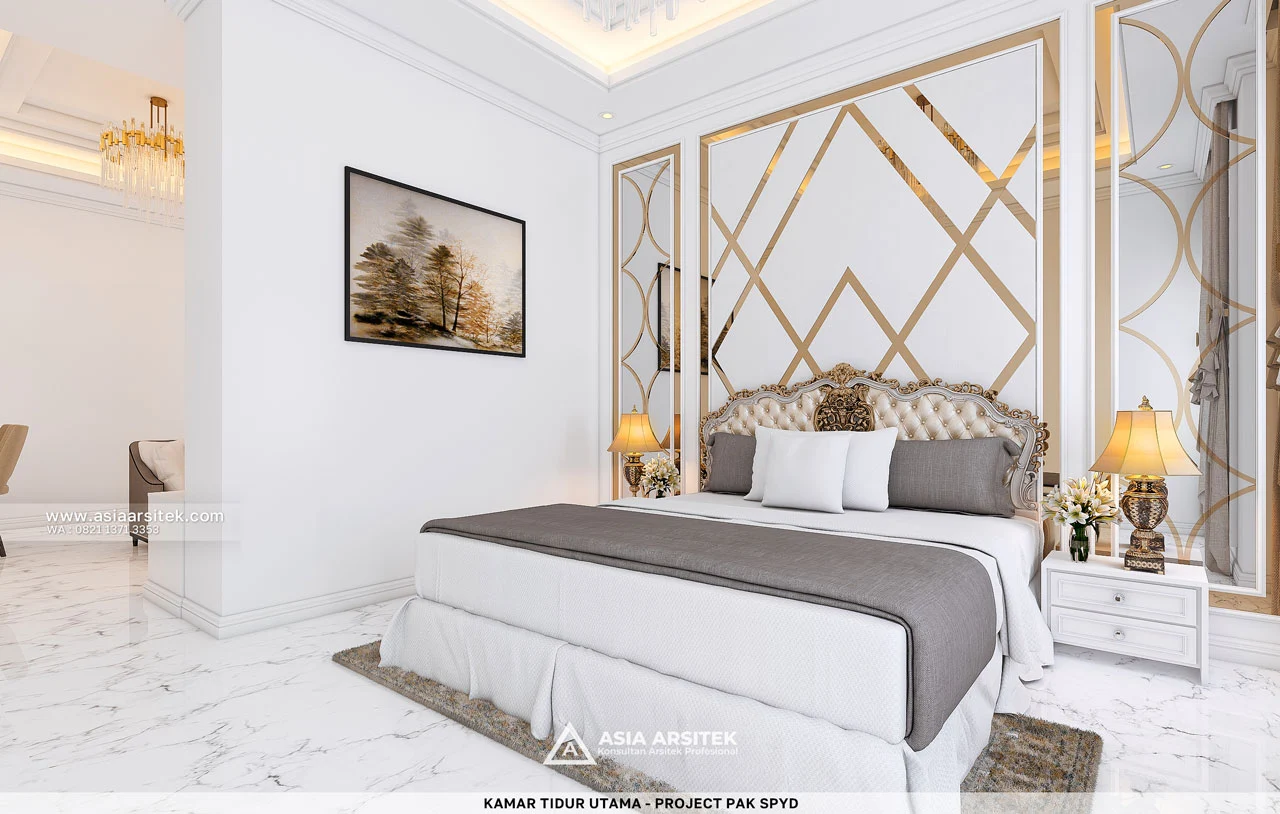 Desain Kamar Tidur Utama Mewah Rumah Klasik 4 Lantai Bapak SPYD di Larangan Tangerang