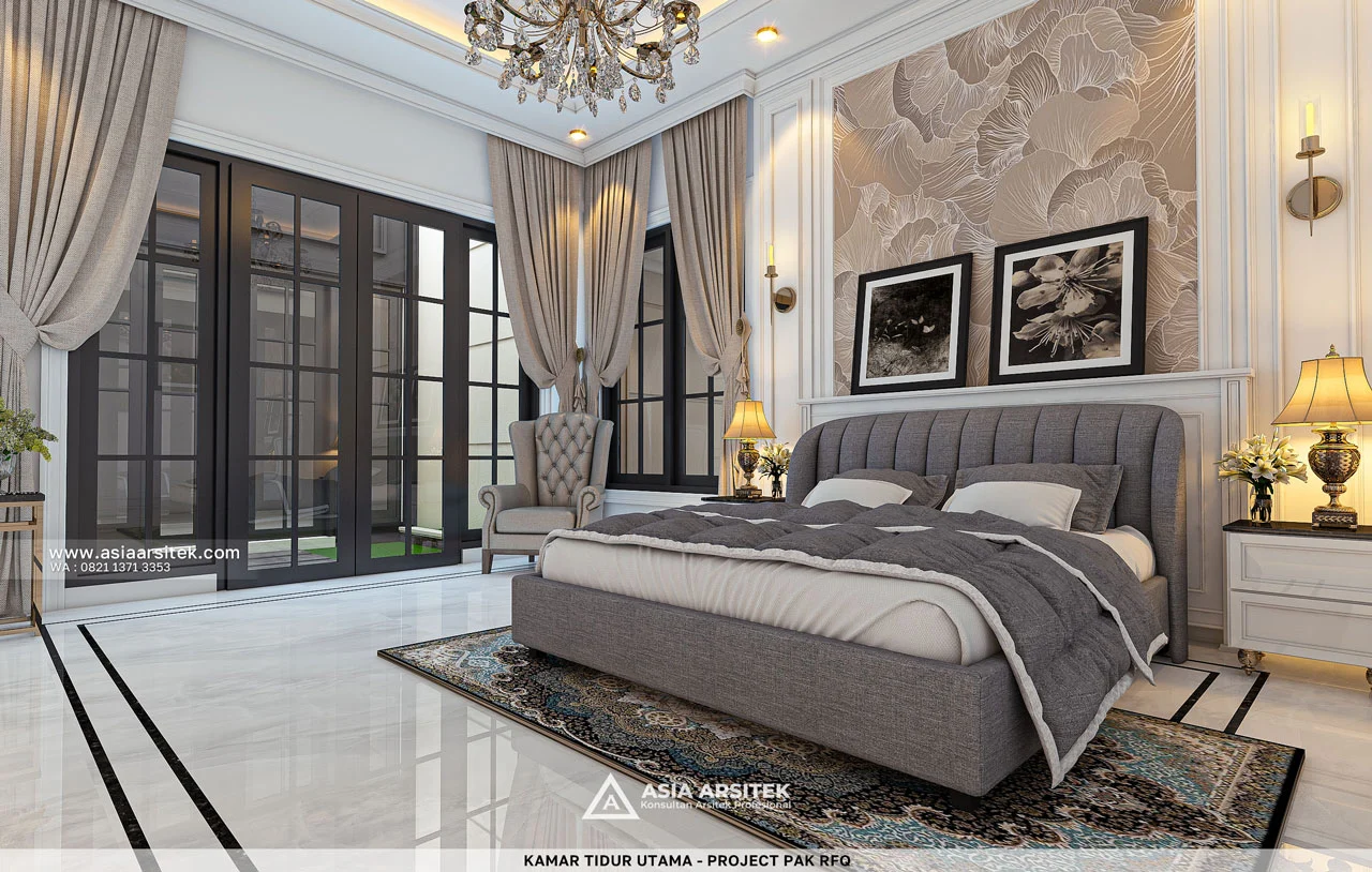 Desain Kamar Tidur Utama Mewah Rumah Mediterania 3 Lantai Bapak RFQ di Jatimelati Bekasi