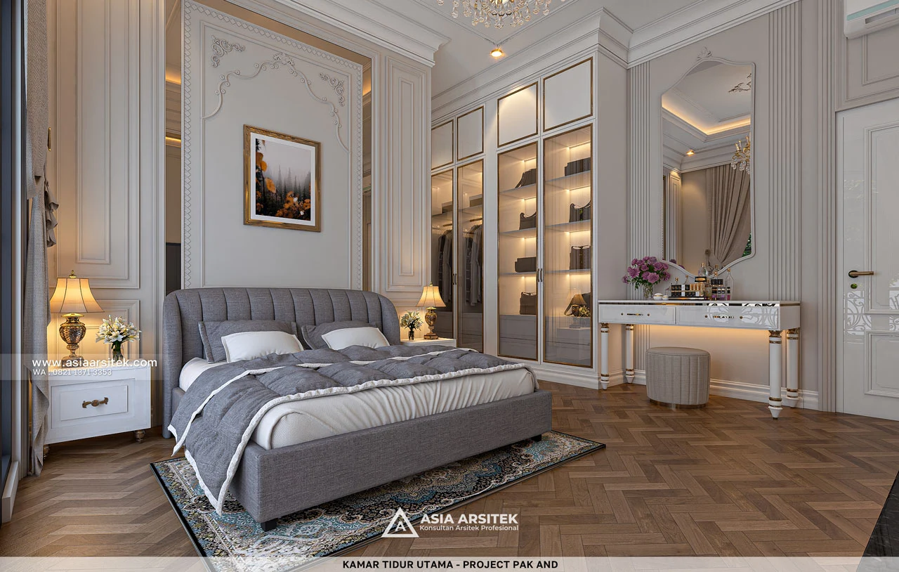 Desain Kamar Tidur Utama Mewah Rumah Tropis 3 Lantai Bapak AND di Modernland Tangerang