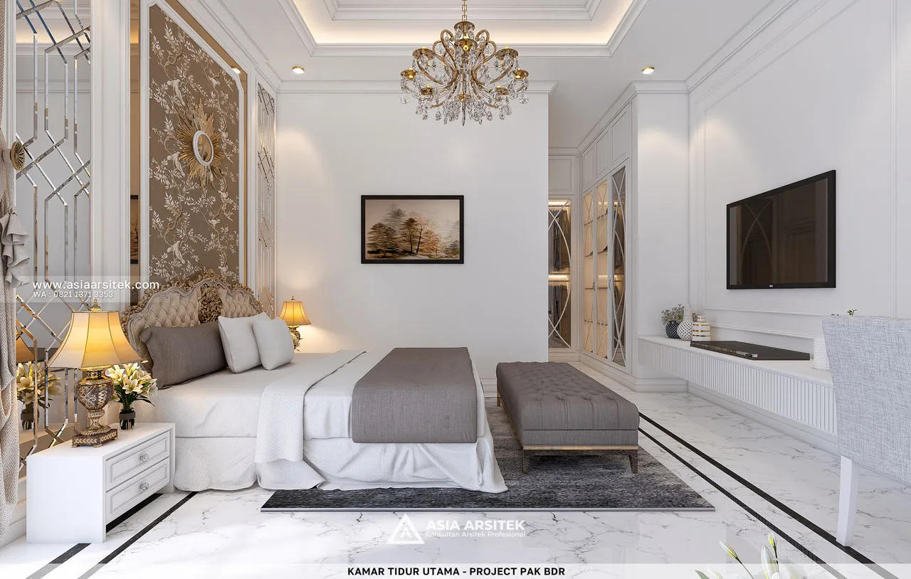 Desain Kamar Tidur Utama Rumah Klasik 4 Lantai Bapak BDR di Cibitung Bekasi
