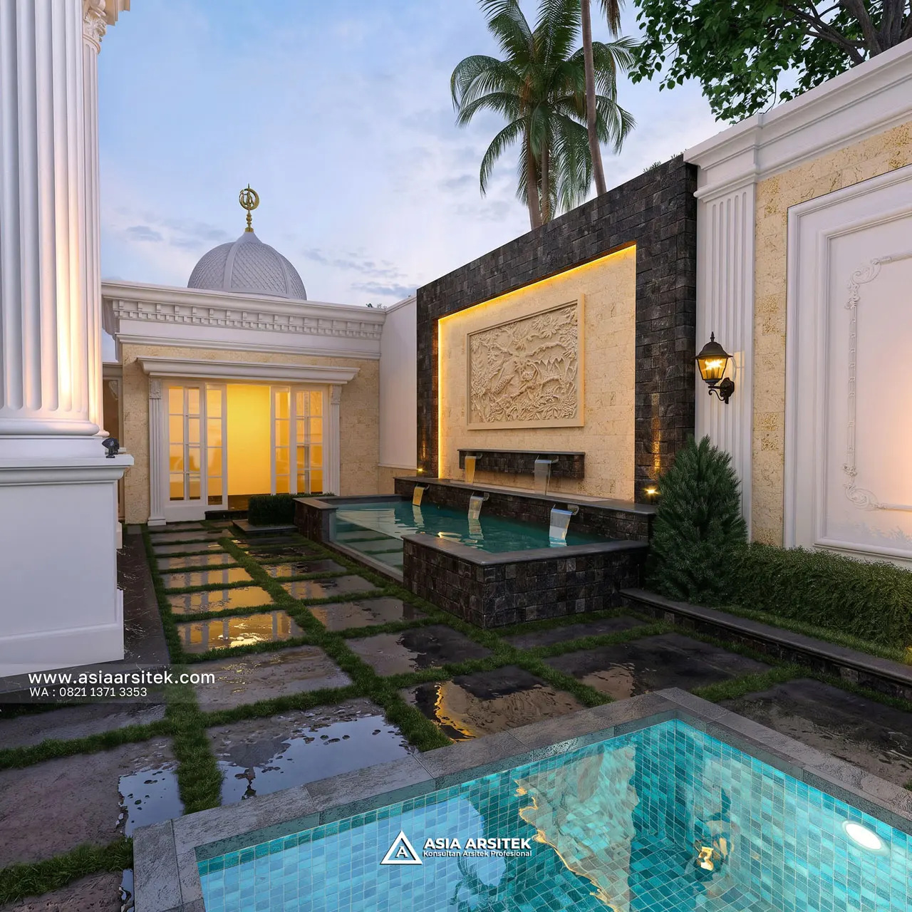 Desain Kolam Ikan Samping Rumah Klasik 4 Lantai Bapak BDR di Cibitung Bekasi
