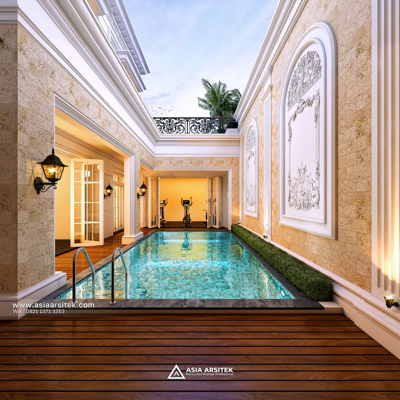 Desain Kolam Renang Elegan Rumah Klasik 2 Lantai Ibu DNDF di Bengkulu
