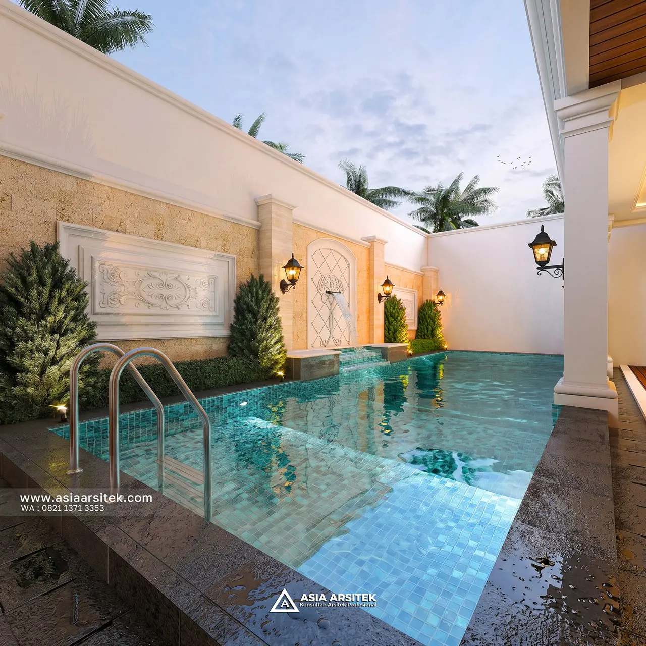 Desain Kolam Renang Elegan Rumah Klasik 3 Lantai Bapak ZKN di Cikupa Tangerang