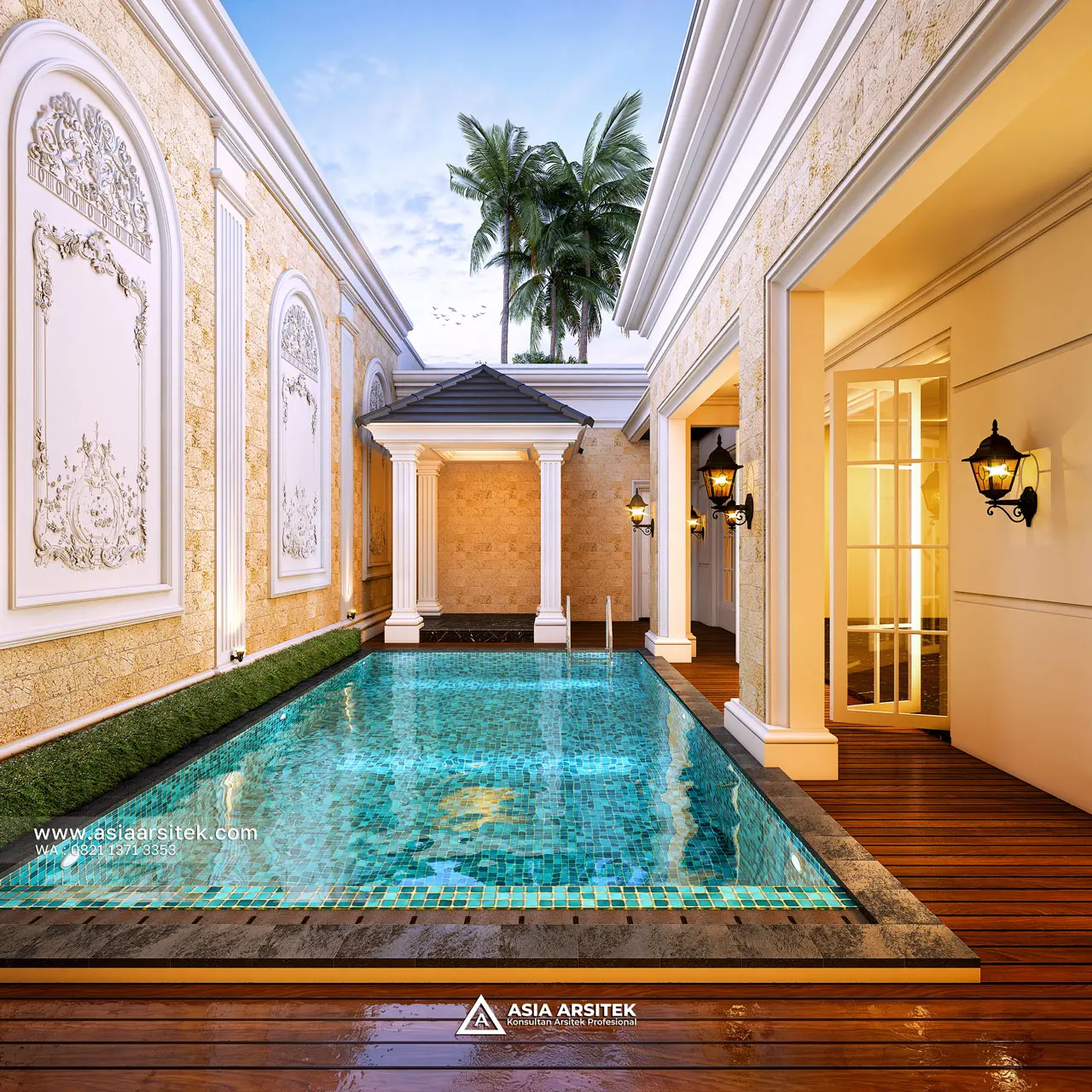 Desain Kolam Renang Mewah Rumah Klasik 2 Lantai Ibu DNDF di Bengkulu