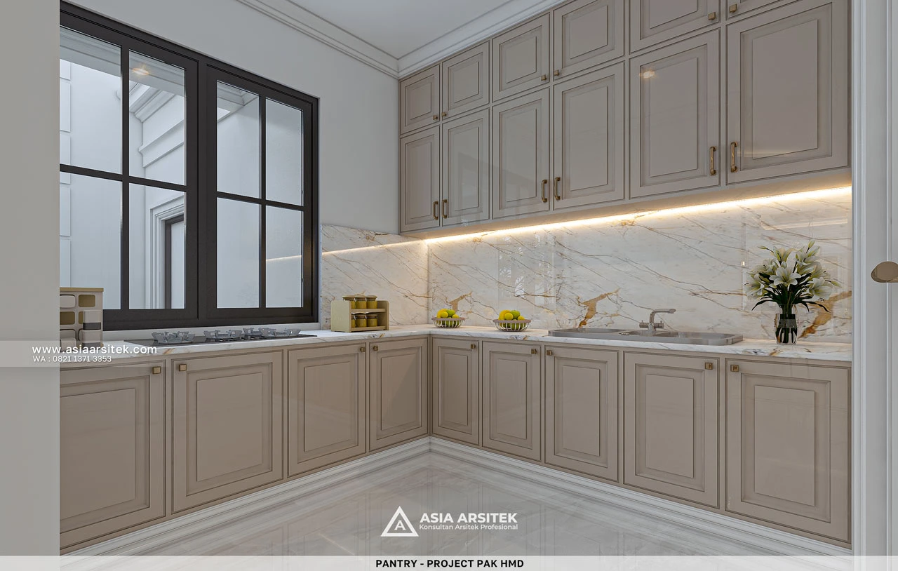 Desain Pantry Elegan Rumah Klasik 2 Lantai Bapak HMD di BSD Tangerang Selatan