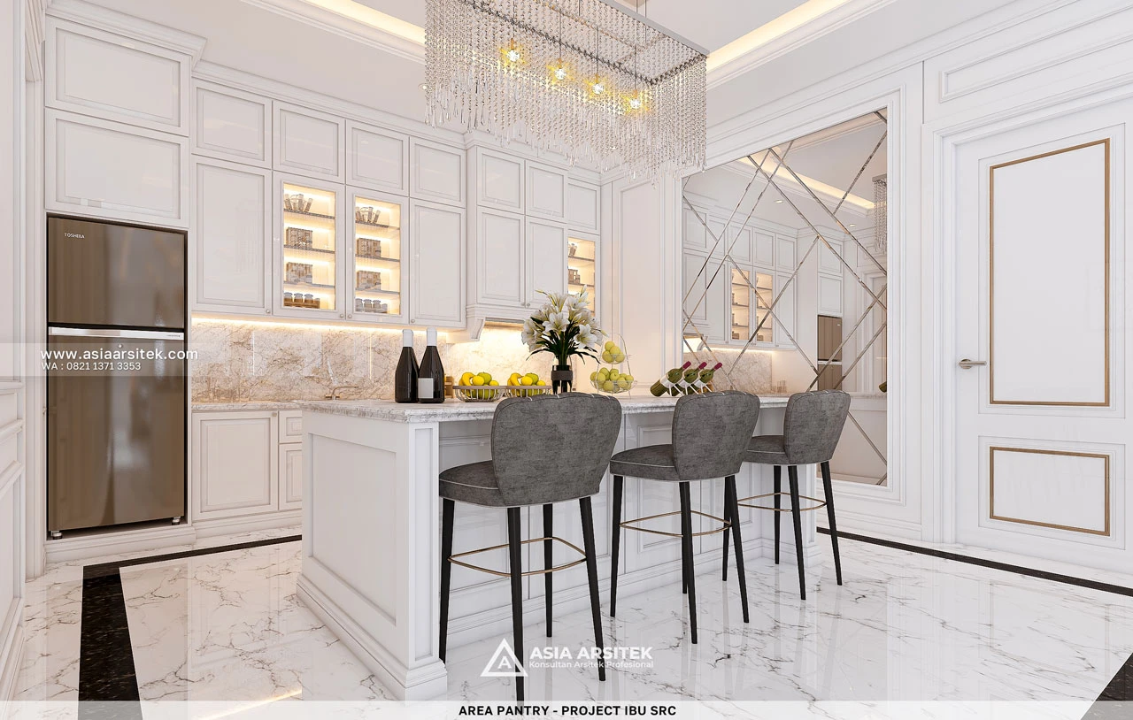 Desain Pantry Elegan Rumah Klasik 2 Lantai Ibu SRC di Cibubur Bekasi