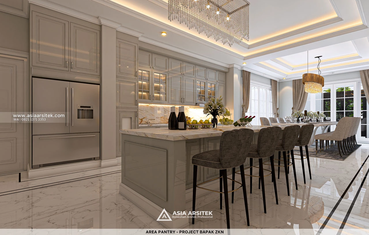 Desain Pantry Elegan Rumah Klasik 3 Lantai Bapak ZKN di Cikupa Tangerang