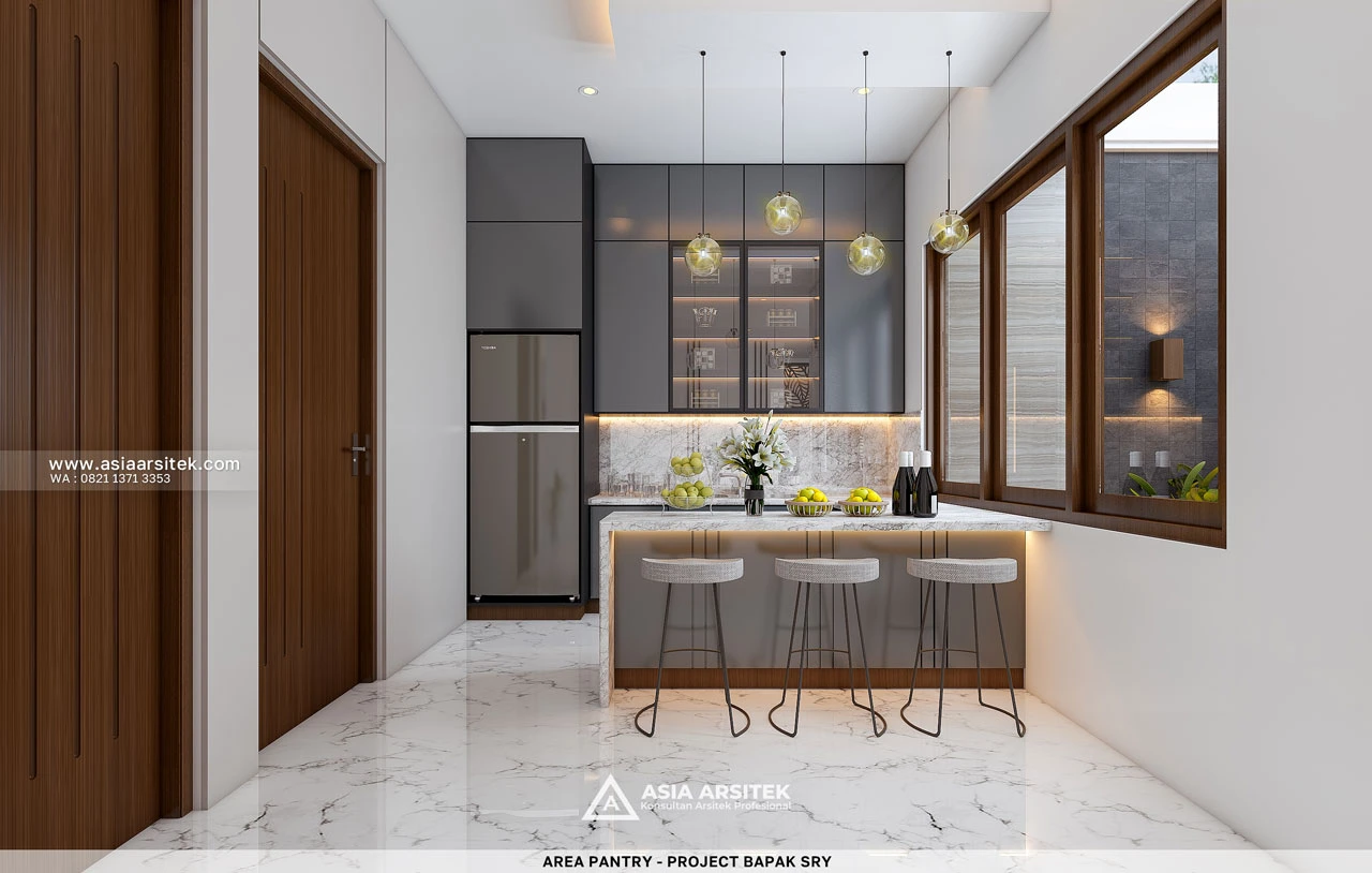 Desain Pantry Mewah Rumah Tropis 2 Lantai Bapak SRY di Banjarmasin Kalimantan Selatan