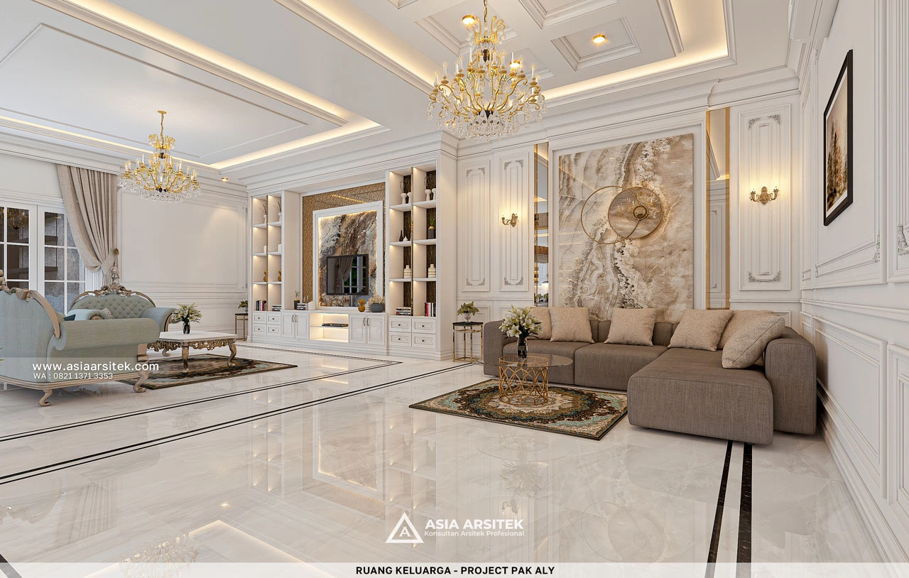 Desain Ruang Keluarga Elegan Rumah Klasik 4 Lantai Bapak ALY di Kelapa Gading Jakarta Utara