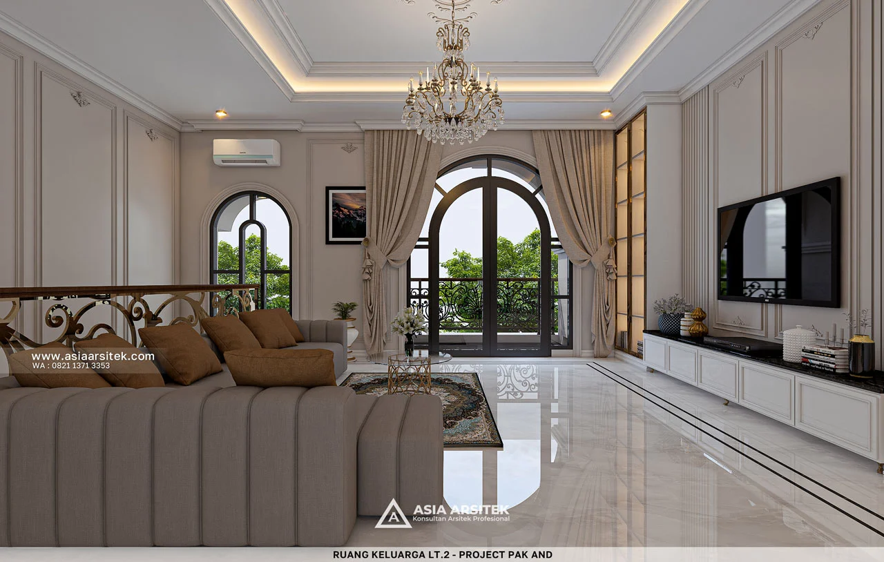 Desain Ruang Keluarga Lantai 2 Rumah Tropis 3 Lantai Bapak AND di Modernland Tangerang