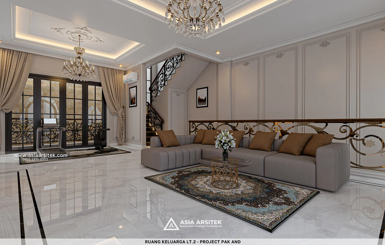 Desain Ruang Keluarga Lantai 2 dan Area Gym Rumah Tropis 3 Lantai Bapak AND di Modernland Tangerang