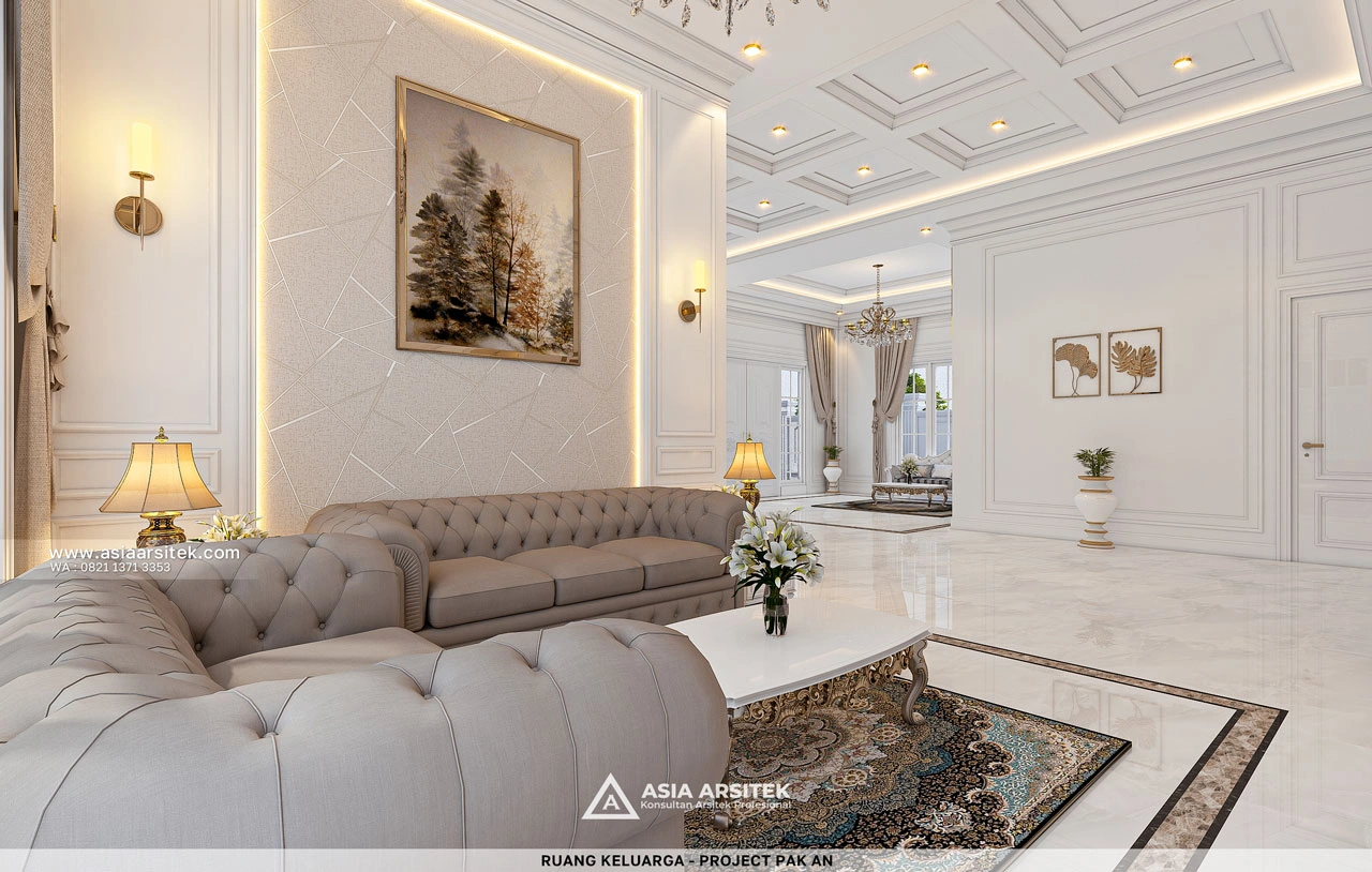 Desain Ruang Keluarga Mewah Rumah Klasik 1 Lantai Bapak AN di Ogan Ilir Sumatera Selatan