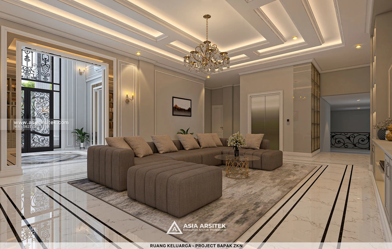 Desain Ruang Keluarga Mewah Rumah Klasik 3 Lantai Bapak ZKN di Cikupa Tangerang