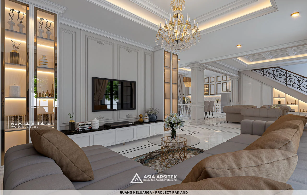 Desain Ruang Keluarga Mewah Rumah Tropis 3 Lantai Bapak AND di Modernland Tangerang