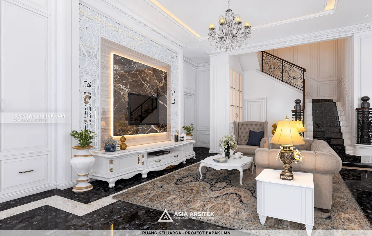 Desain Ruang Keluarga Rumah Klasik 3 Lantai Bapak LMN di Sentul City Bogor