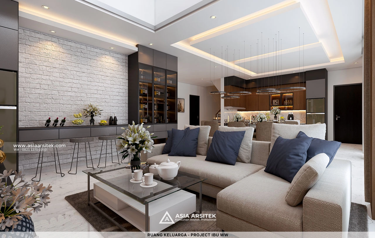 Desain Ruang Keluarga Simpel Rumah Modern 2 Lantai Ibu WW Surabaya Jawa Timur