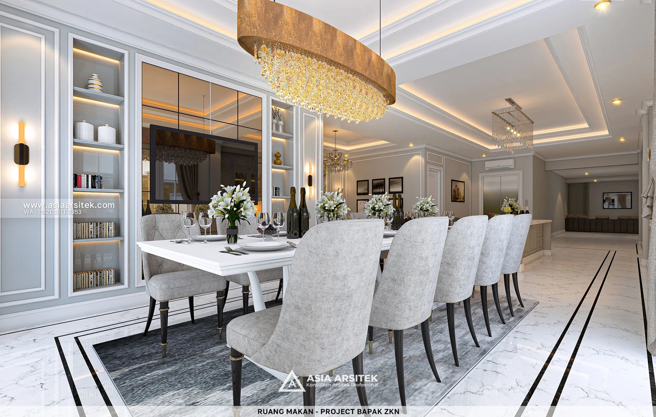 Desain Ruang Makan Elegan Rumah Klasik 3 Lantai Bapak ZKN di Cikupa Tangerang