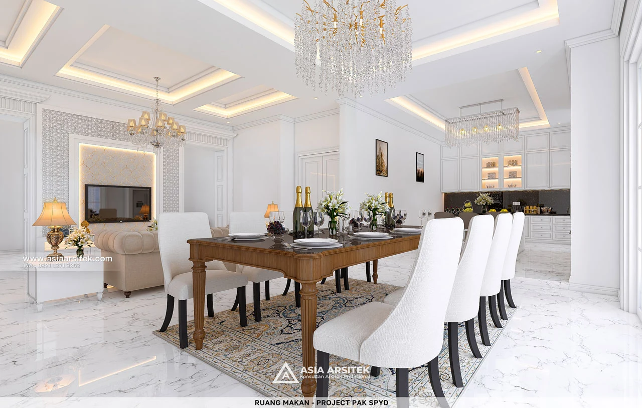 Desain Ruang Makan Mewah Rumah Klasik 4 Lantai Bapak SPYD di Larangan Tangerang