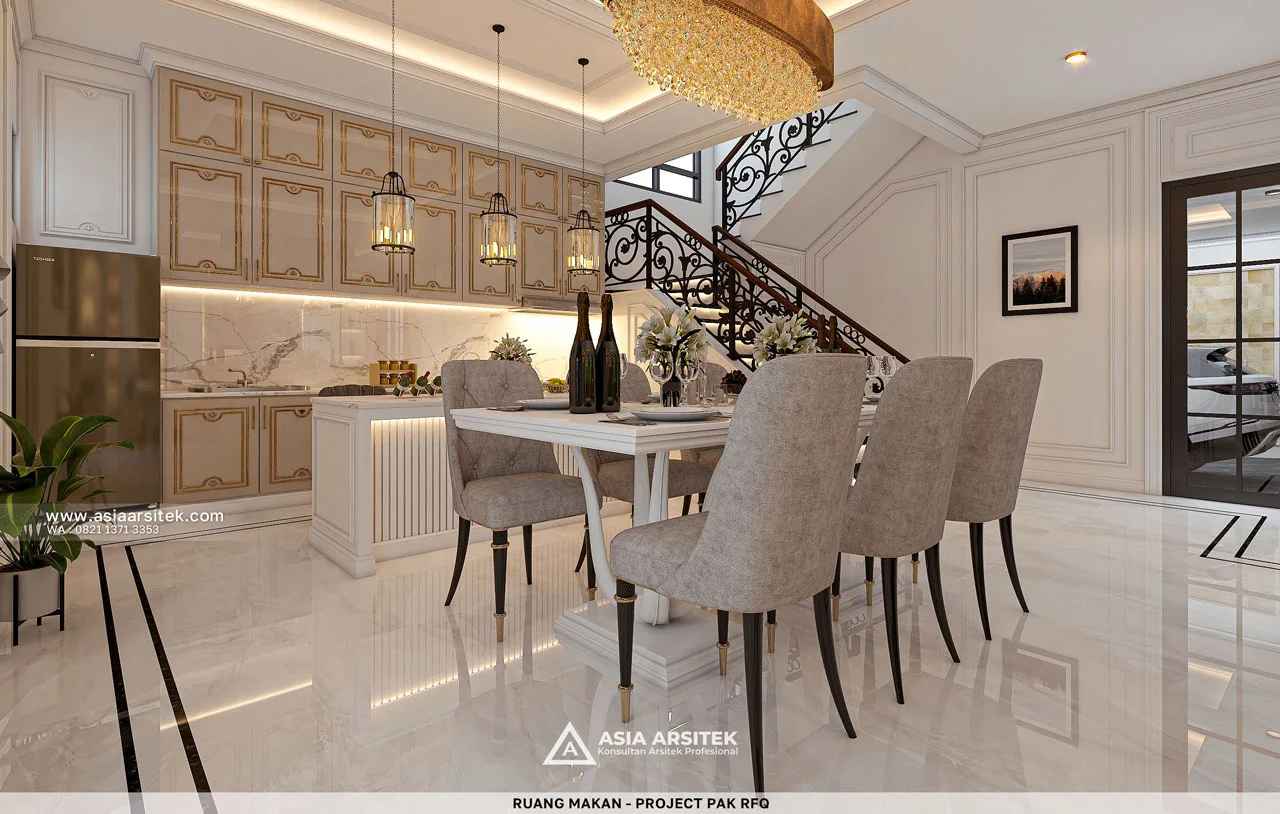 Desain Ruang Makan Mewah Rumah Mediterania 3 Lantai Bapak RFQ di Jatimelati Bekasi