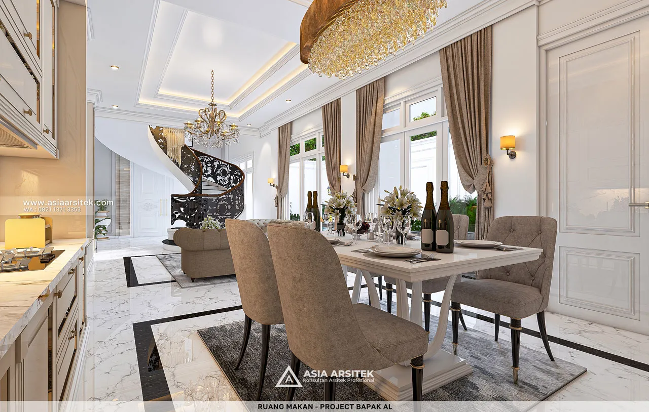Desain Ruang Makan Mewah dan Elegan Rumah Klasik 2 Lantai Bapak AL di Bintaro Tangerang Selatan