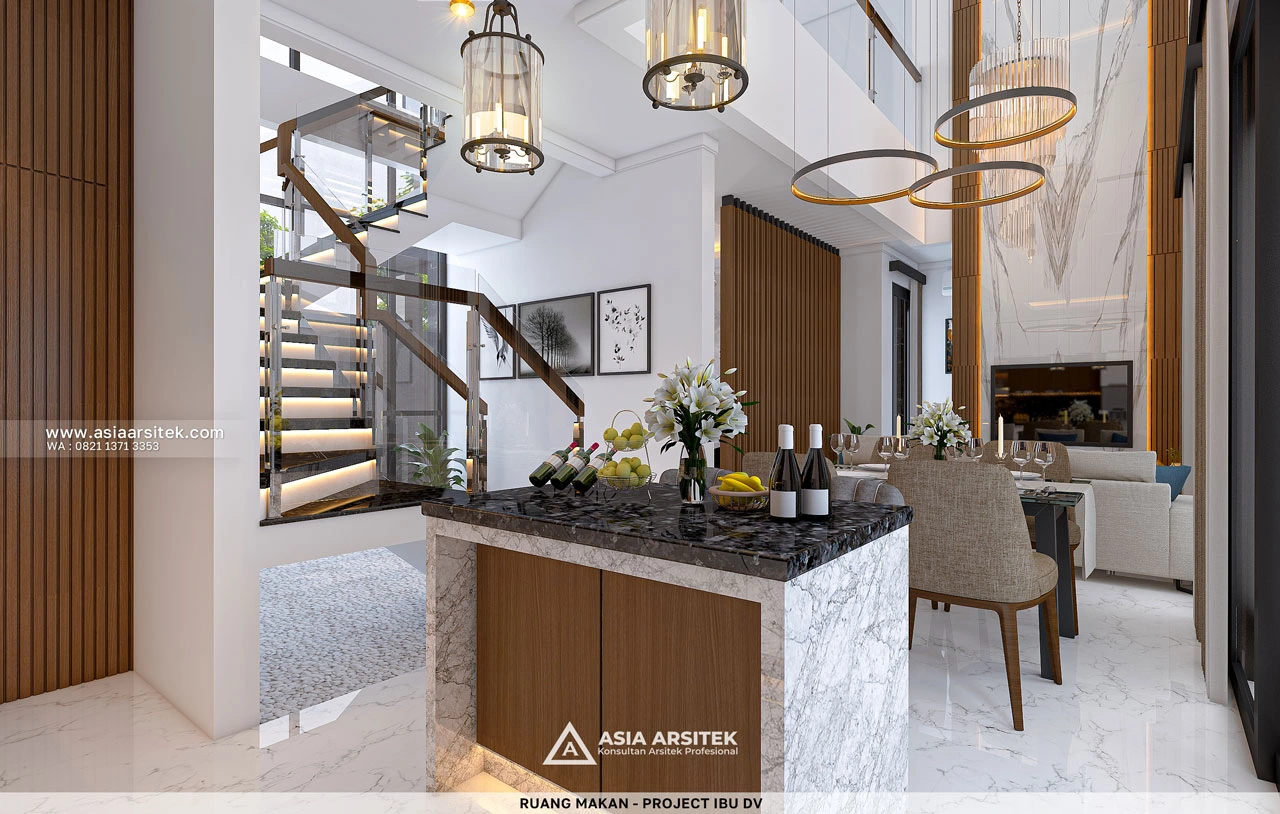 Desain Ruang Makan dan Area Tangga Elegan Rumah Minimalis 2 Lantai Ibu DV Duren Sawit Jakarta Timur