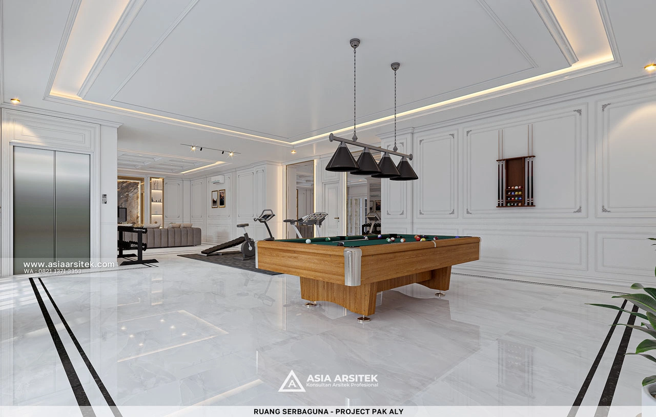 Desain Ruang Serbaguna Billiard Rumah Klasik 4 Lantai Bapak ALY di Kelapa Gading Jakarta Utara