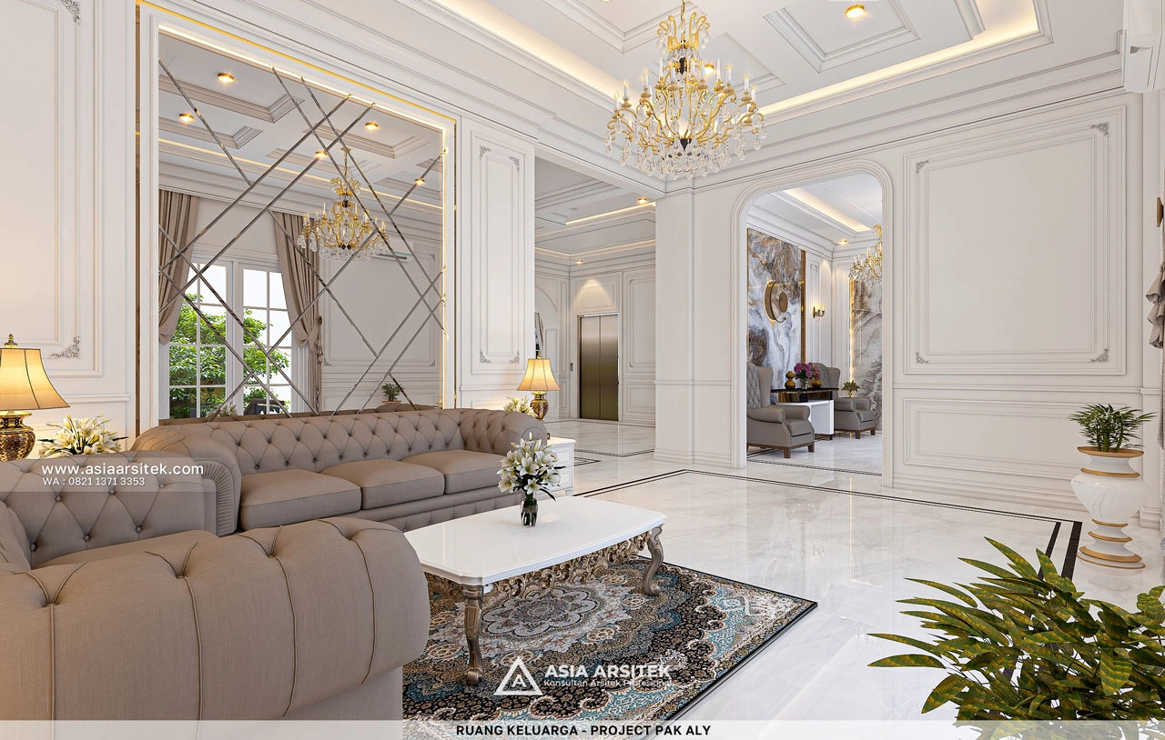 Desain Ruang Tamu Mewah Rumah Klasik 4 Lantai Bapak ALY di Kelapa Gading Jakarta Utara