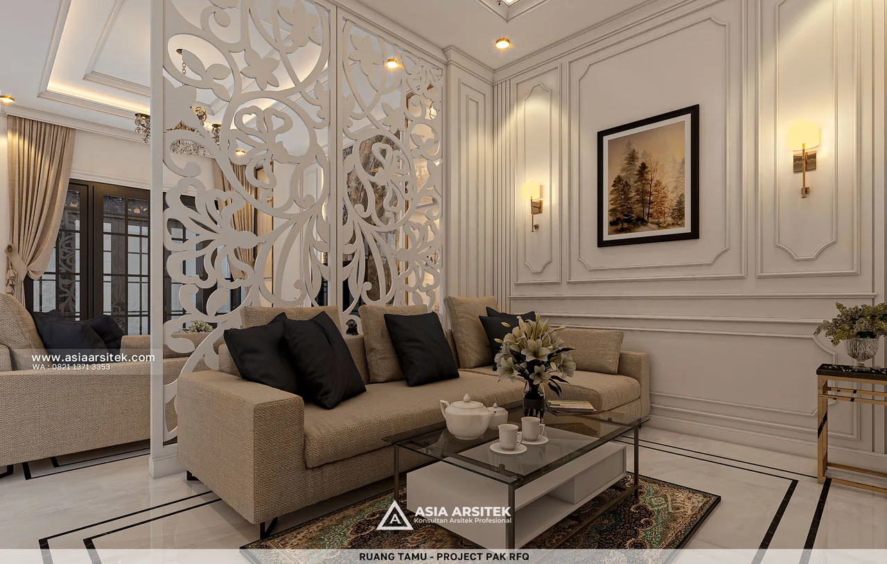 Desain Ruang Tamu Mewah Rumah Mediterania 3 Lantai Bapak RFQ di Jatimelati Bekasi