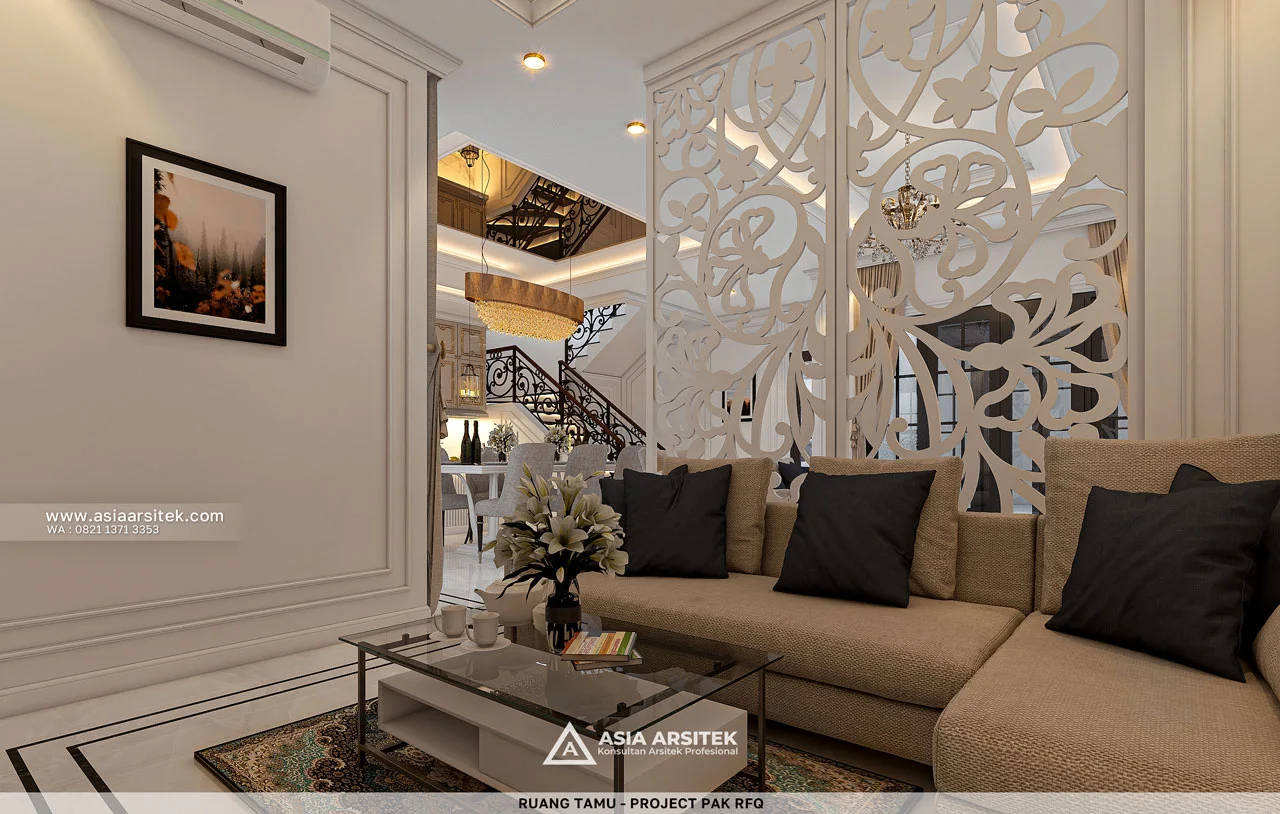 Desain Ruang Tamu Rumah Mediterania 3 Lantai Bapak RFQ di Jatimelati Bekasi