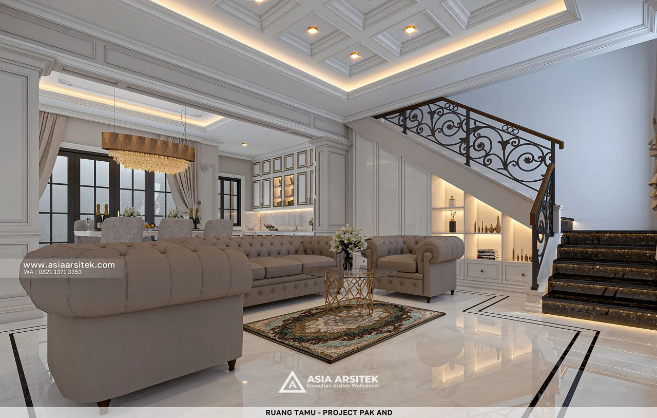 Desain Ruang Tamu Rumah Tropis 3 Lantai Bapak AND di Modernland Tangerang
