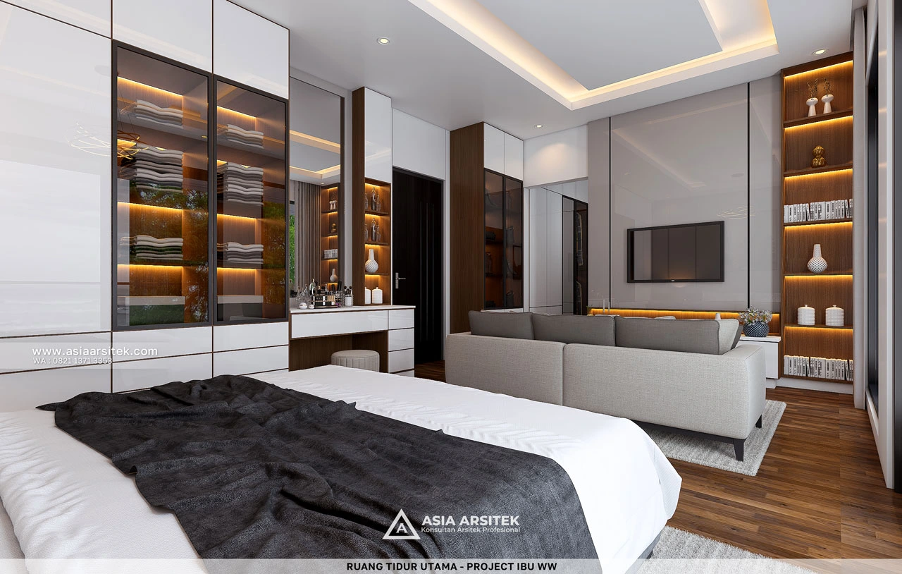 Desain Ruang Tidur Utama Dengan TV Rumah Modern 2 Lantai Ibu WW Surabaya Jawa Timur
