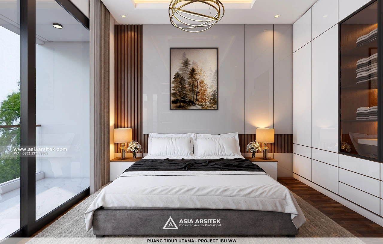 Desain Ruang Tidur Utama Rumah Modern 2 Lantai Ibu WW Surabaya Jawa Timur