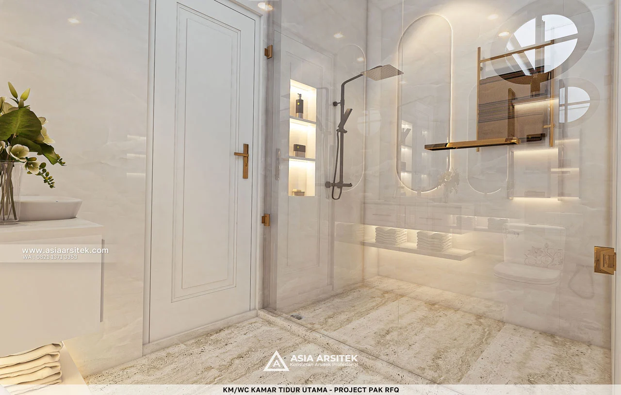 Desain Shower Kamar Tidur Utama Rumah Mediterania 3 Lantai Bapak RFQ di Jatimelati Bekasi