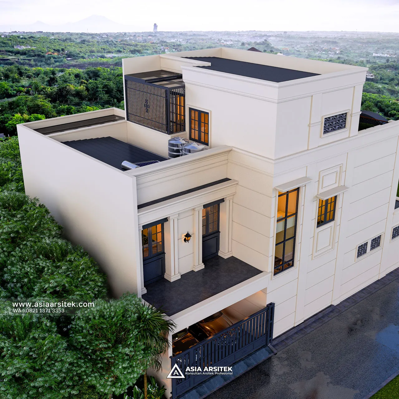 Desain Tampak Atas Belakang Rumah Mediterania 3 Lantai Bapak RFQ di Jatimelati Bekasi