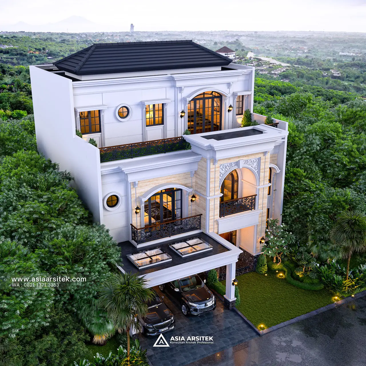 Desain Tampak Atas Depan Rumah Tropis 3 Lantai Bapak AND di Modernland Tangerang