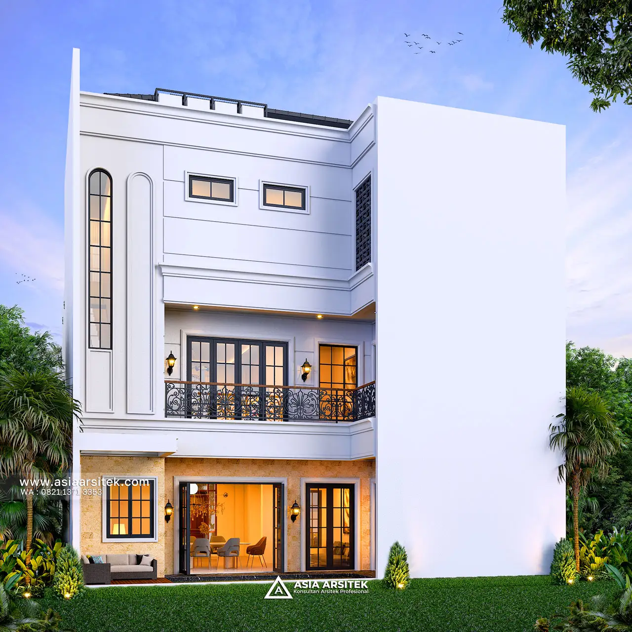 Desain Tampak Belakang Rumah Tropis 3 Lantai Bapak AND di Modernland Tangerang