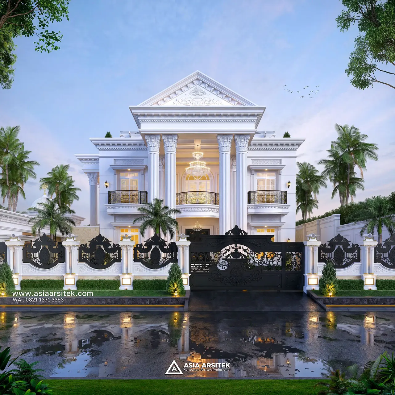 Desain Tampak Depan Dengan Pagar Rumah Klasik 4 Lantai Bapak BDR di Cibitung Bekasi