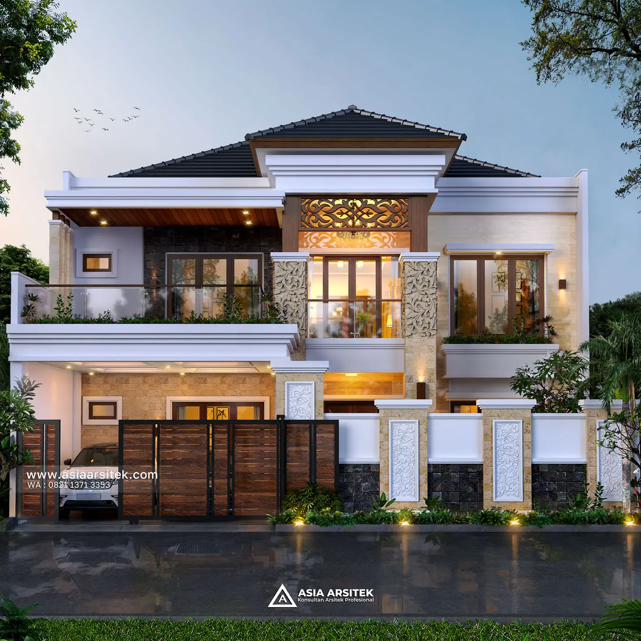 Desain Tampak Depan Dengan Pagar Rumah Tropis 2 Lantai Bapak SRY di Banjarmasin Kalimantan Selatan