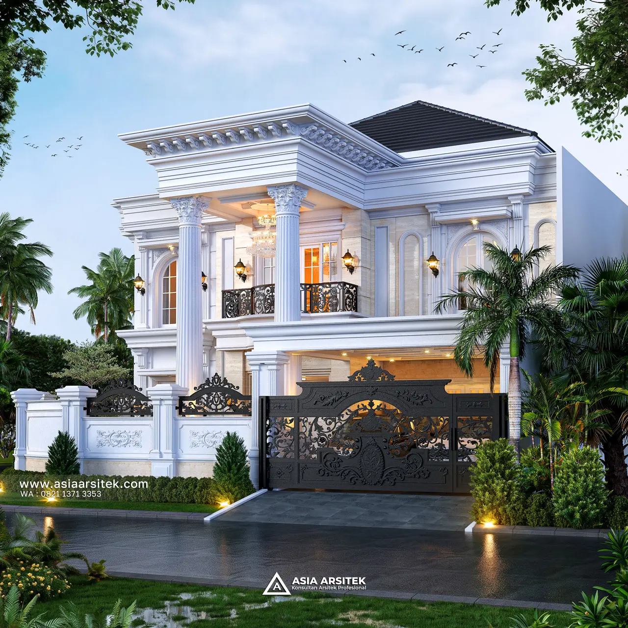 Desain Tampak Depan Kanan Rumah Klasik 2 Lantai Ibu SRC di Cibubur Bekasi