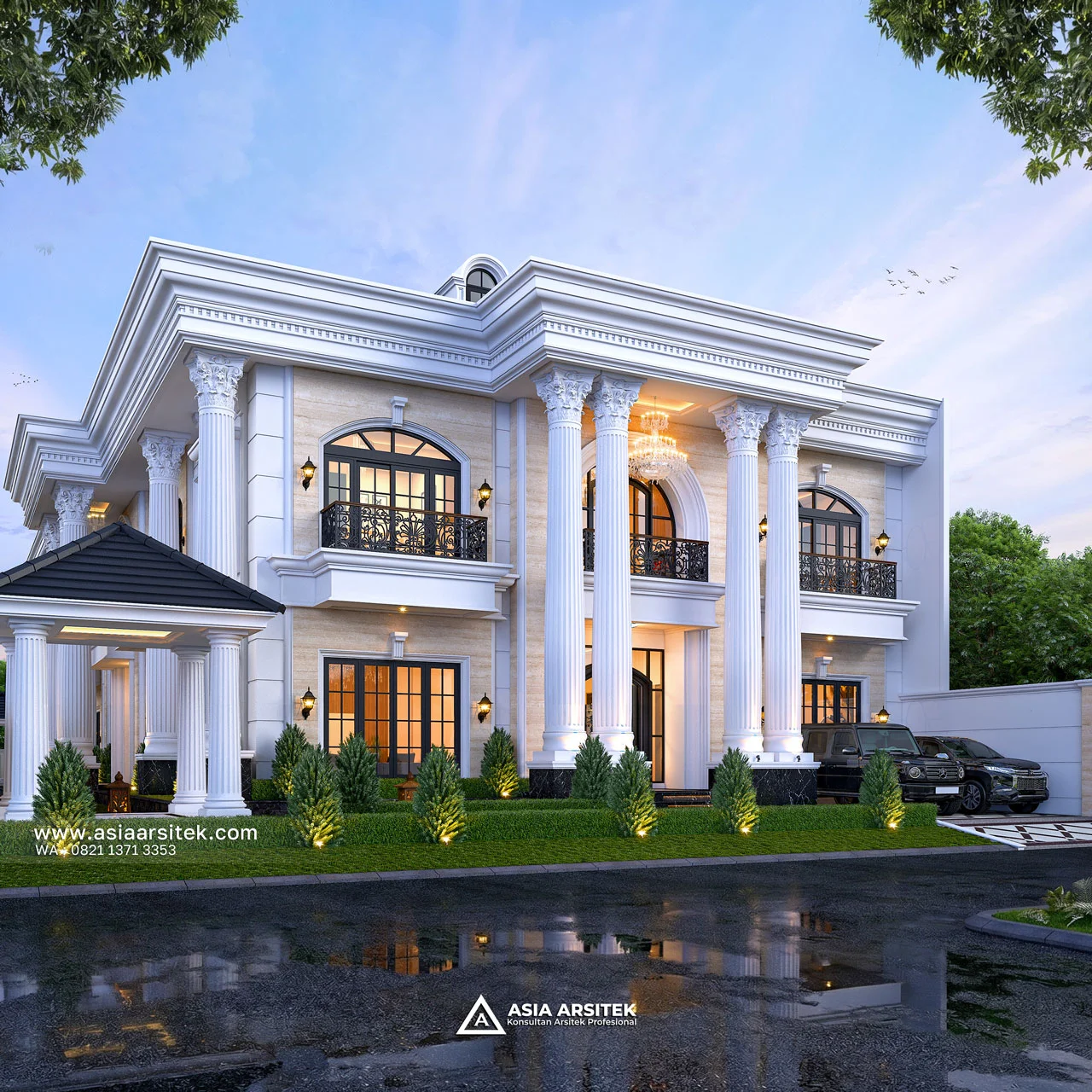 Desain Tampak Depan Rumah Klasik 2 Lantai Bapak GHRN di Tambun Bekasi