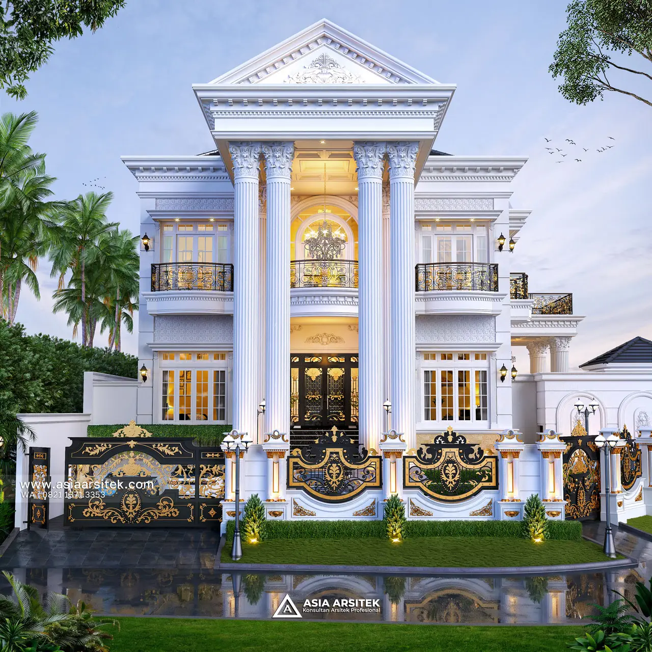 Desain Tampak Depan Rumah Klasik 3 Lantai Bapak LMN di Sentul City Bogor
