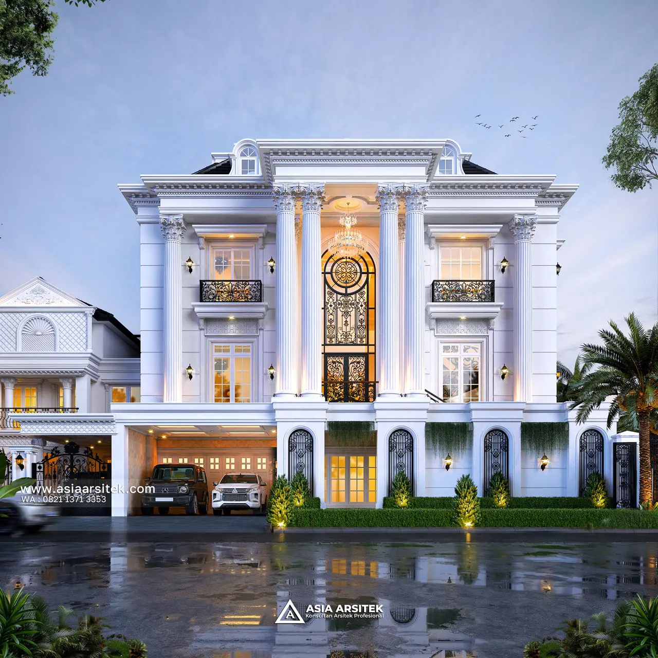 Desain Tampak Depan Rumah Klasik 3 Lantai Bapak ZKN di Cikupa Tangerang