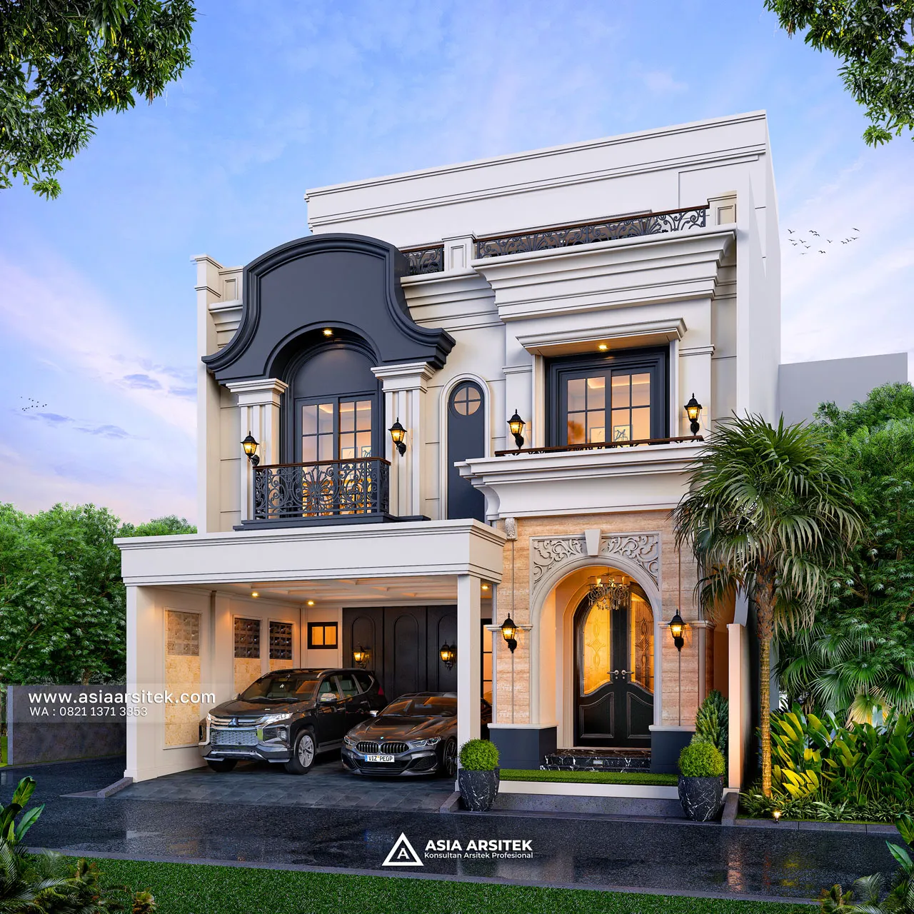 Desain Tampak Depan Rumah Mediterania 3 Lantai Bapak RFQ di Jatimelati Bekasi
